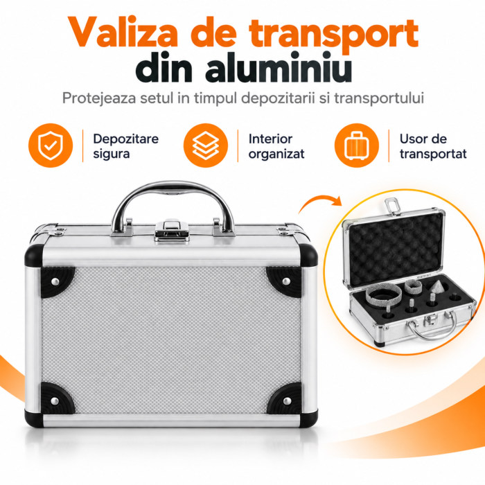 Set carote diamantate VarioShop®, 5 bucati, M14, diametre 6/8/10/35/68 mm, freza conica 2-50 mm, strat diamantat 15 mm, adaptor si valiza inclusa [10]
