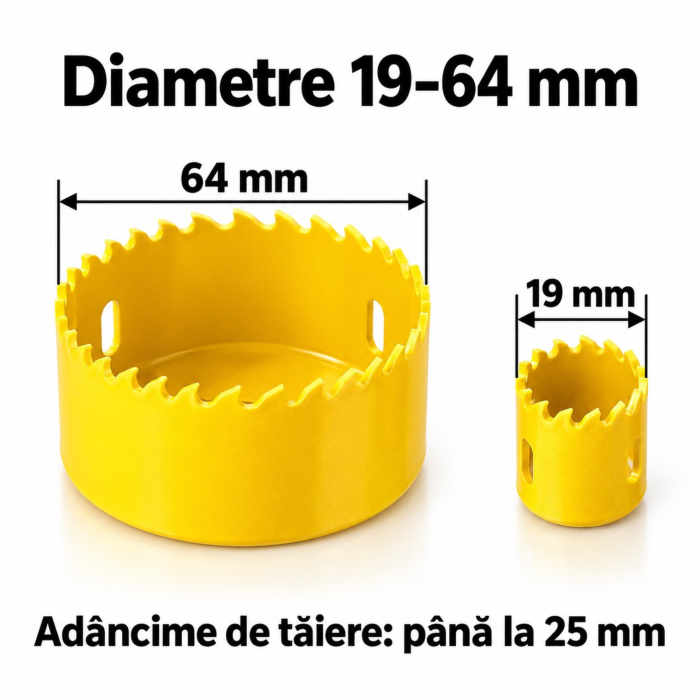 Set carote VarioShop® 11 piese, 19–64 mm, pentru lemn moale, din otel carbon, cu 8 carote, 2 adaptoare, cheie imbus si geanta de transport, utilizare in tamplarie, montaj si bricolaj [6]