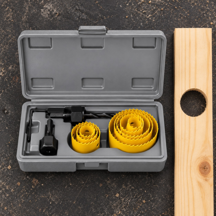 Set carote VarioShop® 11 piese, 19–64 mm, pentru lemn moale, din otel carbon, cu 8 carote, 2 adaptoare, cheie imbus si geanta de transport, utilizare in tamplarie, montaj si bricolaj [7]