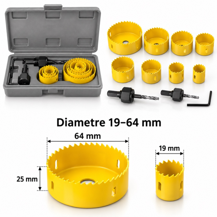 Set carote VarioShop® 11 piese, 19–64 mm, pentru lemn moale, din otel carbon, cu 8 carote, 2 adaptoare, cheie imbus si geanta de transport, utilizare in tamplarie, montaj si bricolaj [4]