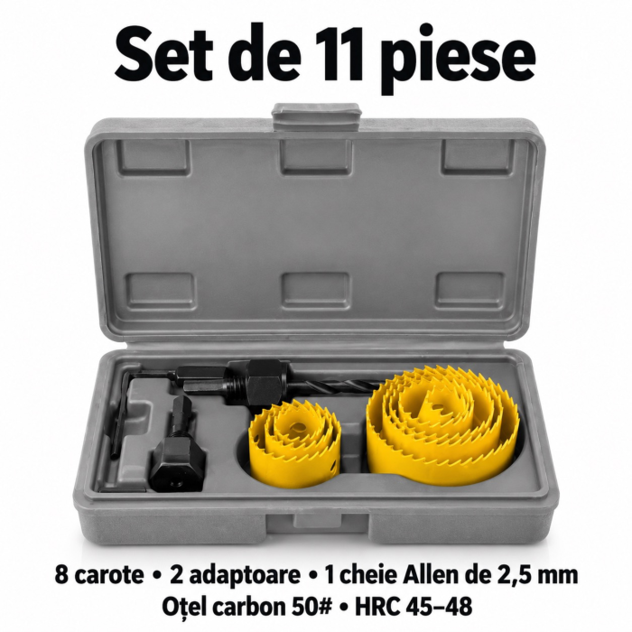 Set carote VarioShop® 11 piese, 19–64 mm, pentru lemn moale, din otel carbon, cu 8 carote, 2 adaptoare, cheie imbus si geanta de transport, utilizare in tamplarie, montaj si bricolaj [8]