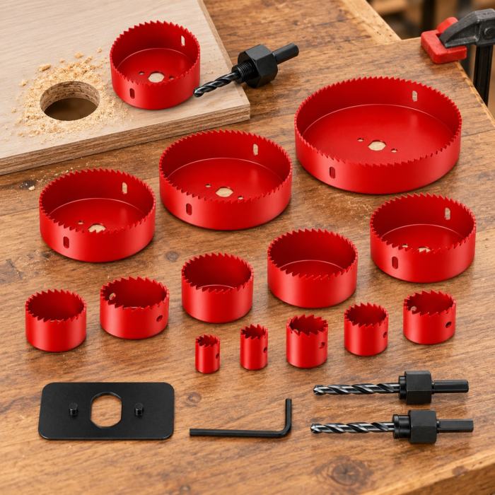 Set carote pentru lemn 16 piese VarioShop®, pentru decupaje circulare in lemn, 12 diametre 19-127 mm, otel calit, 2 adaptoare, cheie imbus si cutie de depozitare [7]