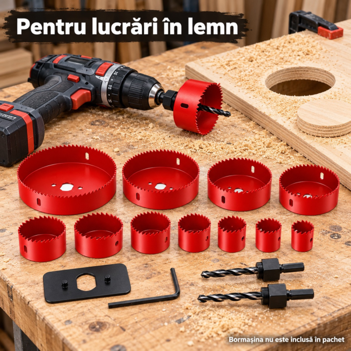 Set carote pentru lemn 16 piese VarioShop®, pentru decupaje circulare in lemn, 12 diametre 19-127 mm, otel calit, 2 adaptoare, cheie imbus si cutie de depozitare [5]
