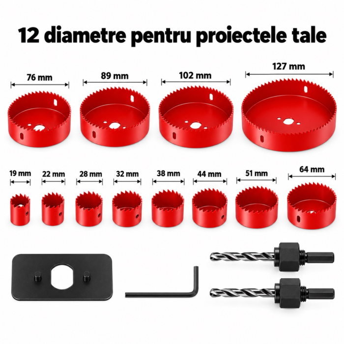 Set carote pentru lemn 16 piese VarioShop®, pentru decupaje circulare in lemn, 12 diametre 19-127 mm, otel calit, 2 adaptoare, cheie imbus si cutie de depozitare [4]