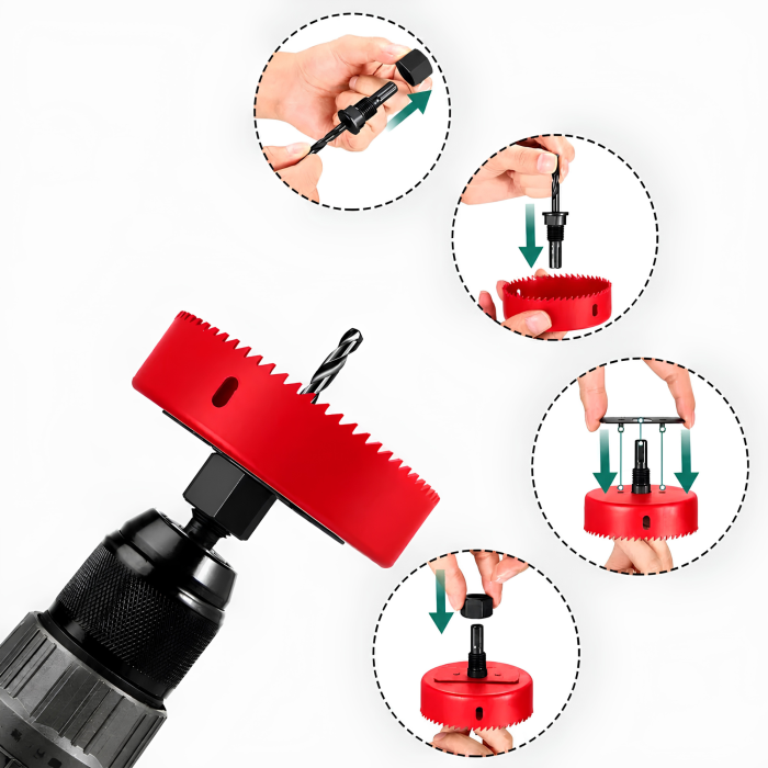 Set carote pentru lemn 16 piese VarioShop®, pentru decupaje circulare in lemn, 12 diametre 19-127 mm, otel calit, 2 adaptoare, cheie imbus si cutie de depozitare [9]
