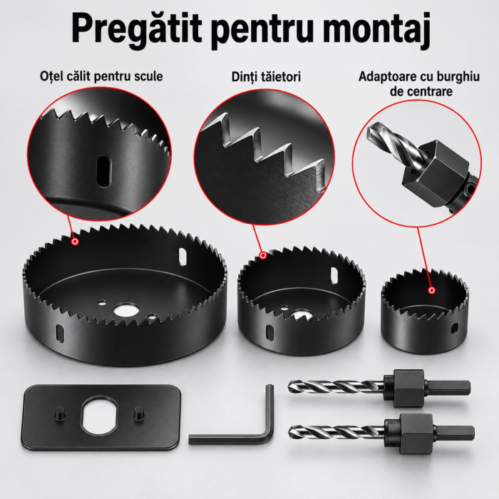 Set carote VarioShop® 16 piese, 19-127 mm, pentru lemn, gips-carton si materiale plastice, din otel calit, 12 carote, 2 adaptoare, cheie imbus, cutie de depozitare, pentru montaj si renovari [6]