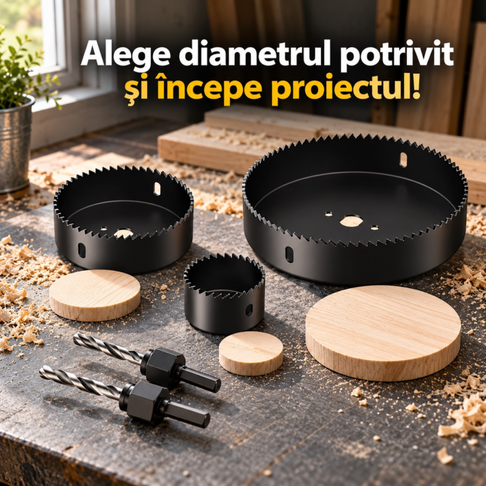 Set carote VarioShop® 16 piese, 19-127 mm, pentru lemn, gips-carton si materiale plastice, din otel calit, 12 carote, 2 adaptoare, cheie imbus, cutie de depozitare, pentru montaj si renovari [8]