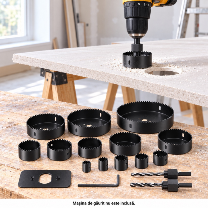 Set carote VarioShop® 16 piese, 19-127 mm, pentru lemn, gips-carton si materiale plastice, din otel calit, 12 carote, 2 adaptoare, cheie imbus, cutie de depozitare, pentru montaj si renovari [9]