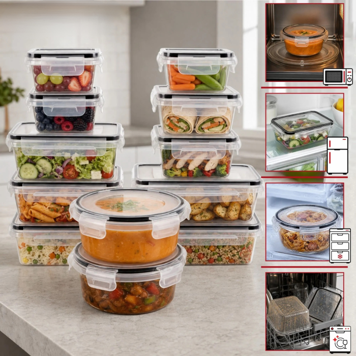 Set caserole alimente VarioShop®, pentru depozitare mancare, 12 bucati, 5 dimensiuni, 0,35-1L, frigider, congelator si microunde [5]