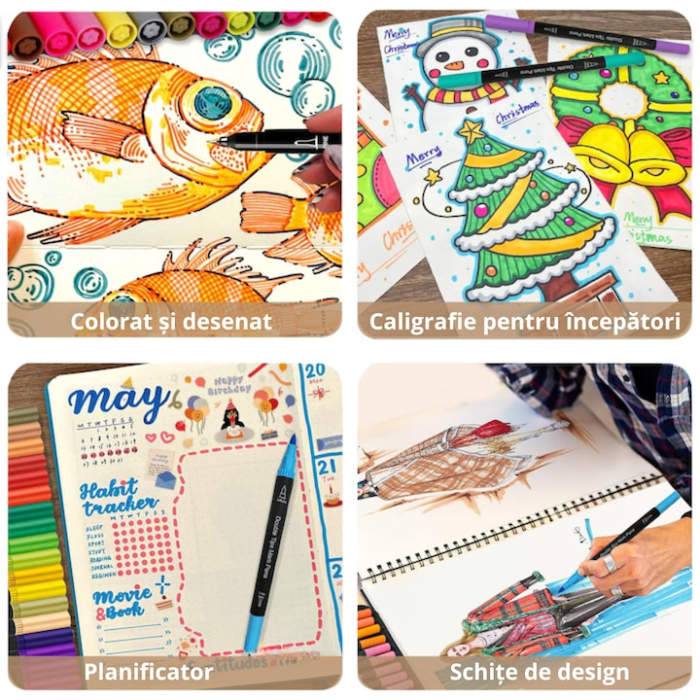 Set complet 100 markere cu varf dublu VarioShop®, fata-verso cu pensula flexibila si varf fin, pixuri colorate pe baza de apa, dublu varf 1 mm + 4 mm, pigment intens, culori vibrante pentru desen arti [2]