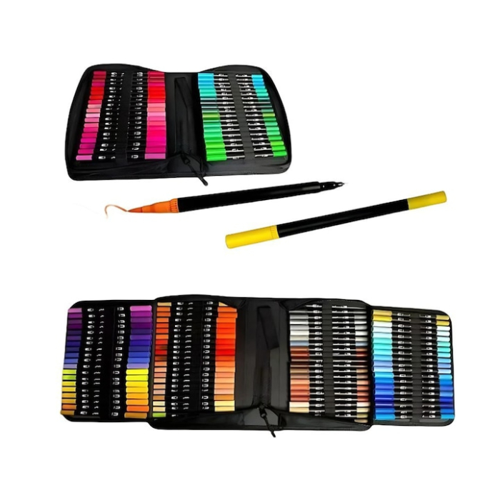 Set complet 100 markere cu varf dublu VarioShop®, fata-verso cu pensula flexibila si varf fin, pixuri colorate pe baza de apa, dublu varf 1 mm + 4 mm, pigment intens, culori vibrante pentru desen arti [7]