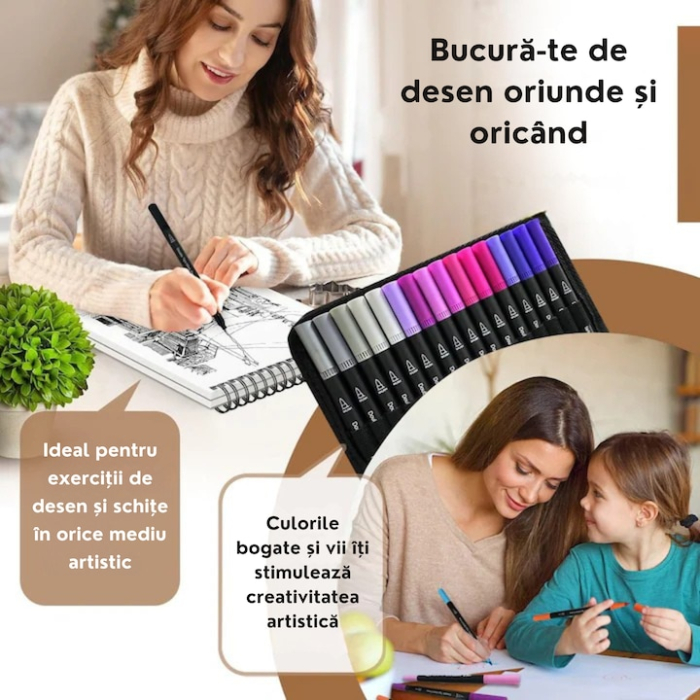 Set complet 100 markere cu varf dublu VarioShop®, fata-verso cu pensula flexibila si varf fin, pixuri colorate pe baza de apa, dublu varf 1 mm + 4 mm, pigment intens, culori vibrante pentru desen arti [5]