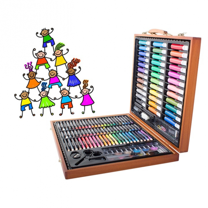 Set Complet pentru Desenat si Pictat pentru Copii VarioShop®, 150 de Elemente, Trusa Depozitare din Lemn, Multicolor [5]