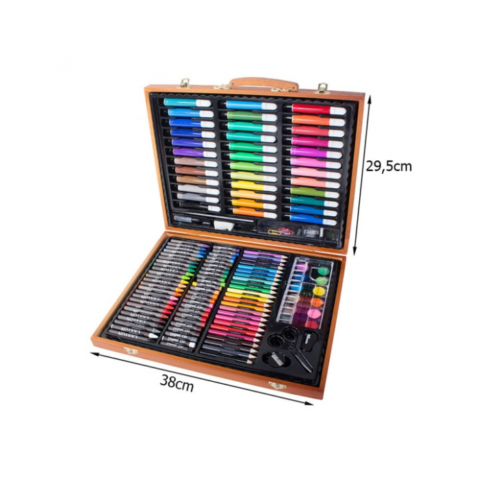 Set Complet pentru Desenat si Pictat pentru Copii VarioShop®, 150 de Elemente, Trusa Depozitare din Lemn, Multicolor [9]