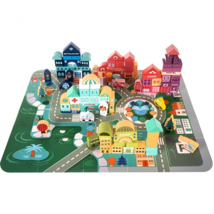 Set Constructie Cuburi din Lemn Natural VarioShop®, 100 Piese "Oraselul din Lemn", Saltea Puzzle, Dezvoltare Inteligenta si Indemanarea pentru Copii, Husa pentru Depozitare, Nontoxic [5]
