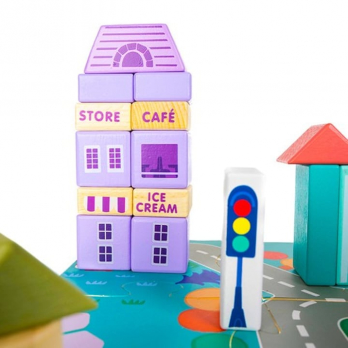 Set Constructie Cuburi din Lemn Natural VarioShop®, 115 Piese "Oraselul din Lemn", Saltea Puzzle, Dezvolta Inteligenta si Indemanarea Copiilor, Educatie prin Joaca, Nontoxic [15]