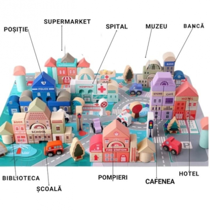 Set Constructie Cuburi din Lemn Natural VarioShop®, 115 Piese "Oraselul din Lemn", Saltea Puzzle, Dezvolta Inteligenta si Indemanarea Copiilor, Educatie prin Joaca, Nontoxic [3]