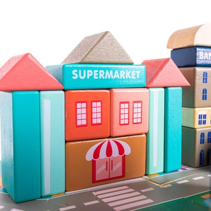 Set Constructie Cuburi din Lemn Natural VarioShop®, 115 Piese "Oraselul din Lemn", Saltea Puzzle, Dezvolta Inteligenta si Indemanarea Copiilor, Educatie prin Joaca, Nontoxic [12]