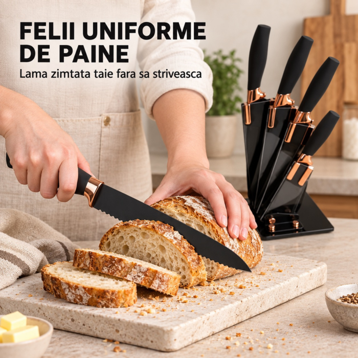 Set cutite de bucatarie VarioShop®, 6 piese, pentru legume, carne, paine si fructe, cu suport inclus, negru [7]