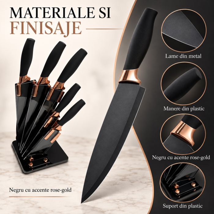 Set cutite de bucatarie VarioShop®, 6 piese, pentru legume, carne, paine si fructe, cu suport inclus, negru [2]