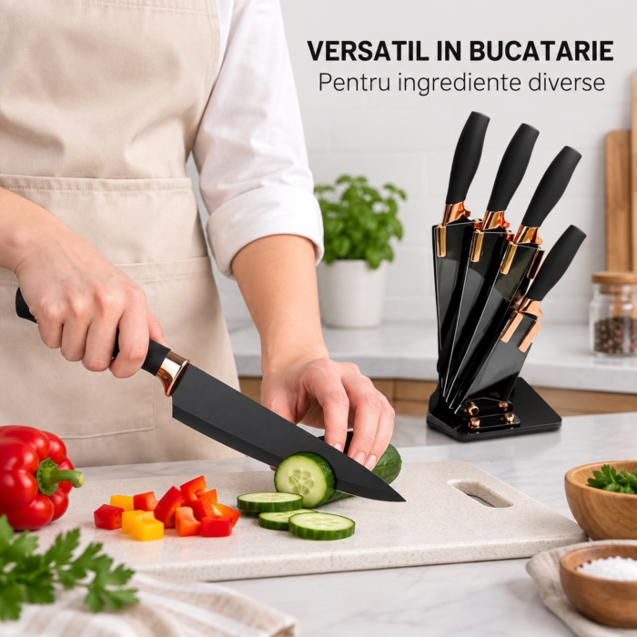 Set cutite de bucatarie VarioShop®, 6 piese, pentru legume, carne, paine si fructe, cu suport inclus, negru [8]