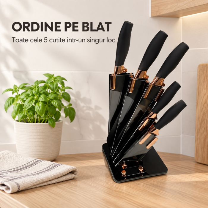 Set cutite de bucatarie VarioShop®, 6 piese, pentru legume, carne, paine si fructe, cu suport inclus, negru [12]