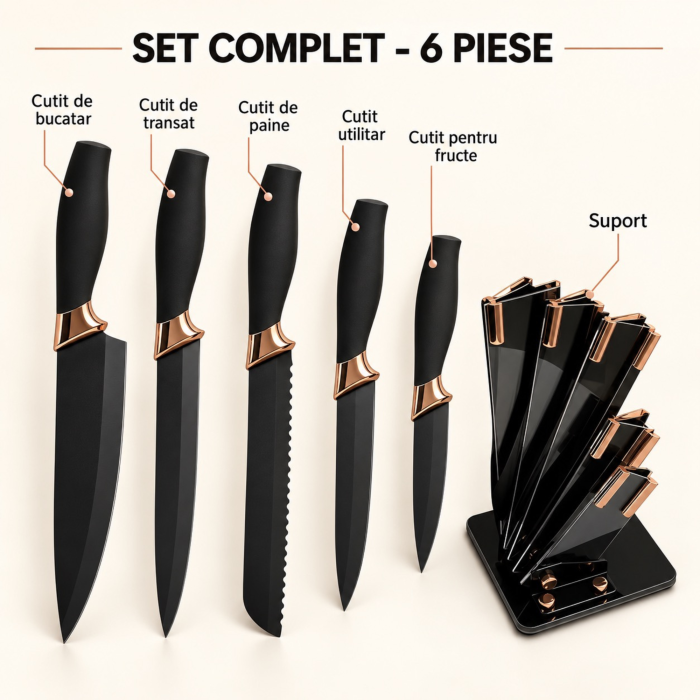 Set cutite de bucatarie VarioShop®, 6 piese, pentru legume, carne, paine si fructe, cu suport inclus, negru [10]