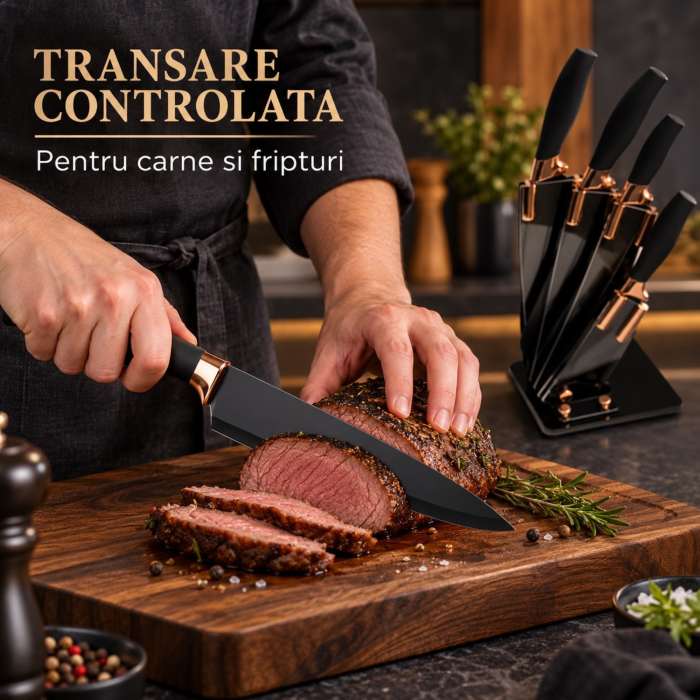Set cutite de bucatarie VarioShop®, 6 piese, pentru legume, carne, paine si fructe, cu suport inclus, negru [9]