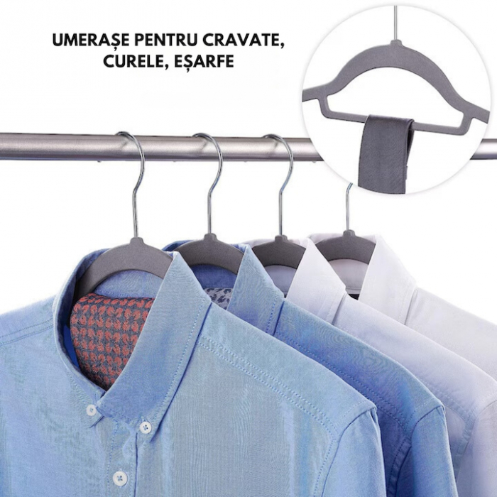 Set de 10 umerase din catifea VarioShop® cu carlig rotativ 360°, design rotunjit pentru protectia umerilor hainelor, ideal pentru camasi, paltoane, jachete si costume, dimensiuni 45x23 cm, culoare gri [25]