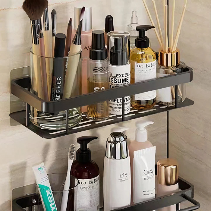 Set de 2 rafturi de baie VarioShop®, de dus, suspendate, cu ventuza, 30x13x5cm, negru [2]