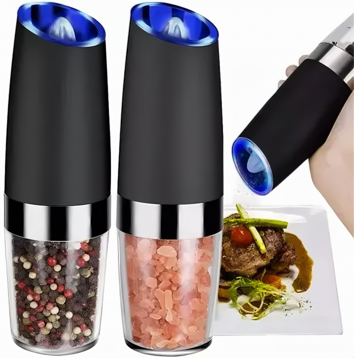 Set de 2 rasnite electrice multifunctionale VarioShop®, pentru condimente, mecanism de slefuire ceramic, ajustarea grosimii de macinare, cu iluminare LED, functionaeaza cu baterii, Negru /Transparent [18]