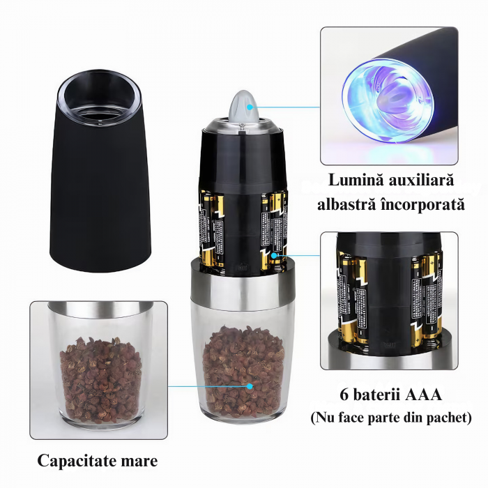 Set de 2 rasnite electrice multifunctionale VarioShop®, pentru condimente, mecanism de slefuire ceramic, ajustarea grosimii de macinare, cu iluminare LED, functionaeaza cu baterii, Negru /Transparent [8]