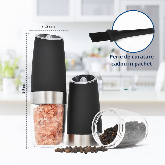 Set de 2 rasnite electrice multifunctionale VarioShop®, pentru condimente, mecanism de slefuire ceramic, ajustarea grosimii de macinare, cu iluminare LED, functionaeaza cu baterii, Negru /Transparent [6]