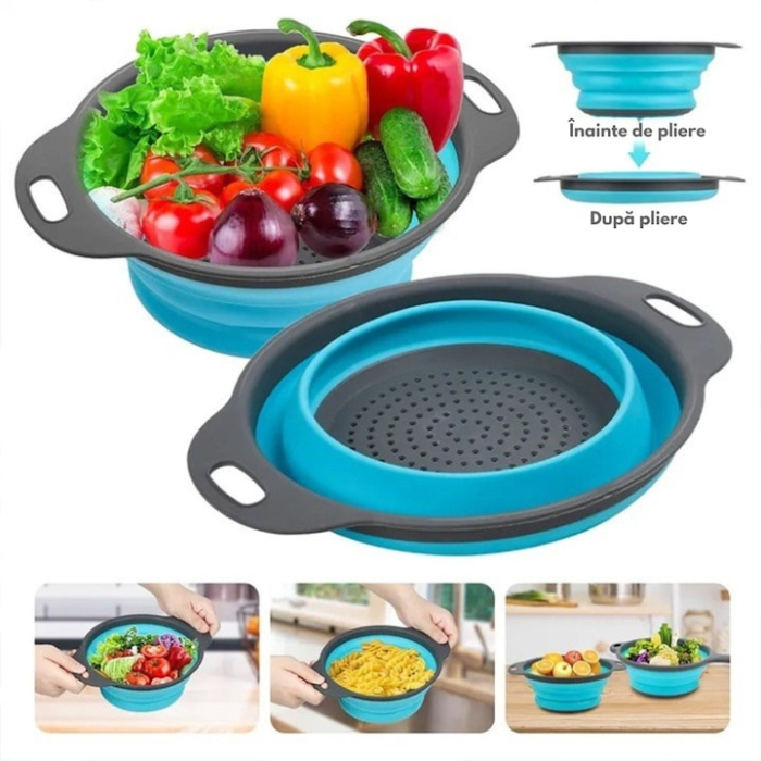 Set de 2 strecuratoare rotunde pliabile din silicon VarioShop®, design inteligent si economisitor de spatiu, perfect pentru bucatarii mici, excursii si gospodarii moderne, Gri/Albastru [4]