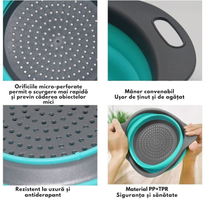 Set de 2 strecuratoare rotunde pliabile din silicon VarioShop®, design inteligent si economisitor de spatiu, perfect pentru bucatarii mici, excursii si gospodarii moderne, Gri/Albastru [3]
