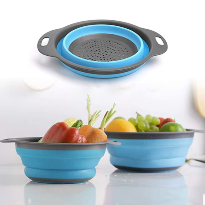 Set de 2 strecuratoare rotunde pliabile din silicon VarioShop®, design inteligent si economisitor de spatiu, perfect pentru bucatarii mici, excursii si gospodarii moderne, Gri/Albastru [5]