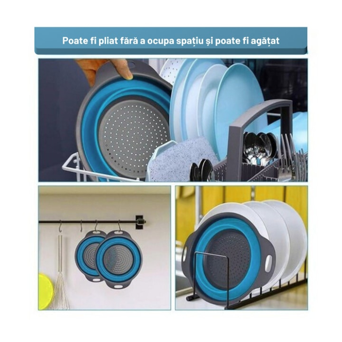 Set de 2 strecuratoare rotunde pliabile din silicon VarioShop®, design inteligent si economisitor de spatiu, perfect pentru bucatarii mici, excursii si gospodarii moderne, Gri/Albastru [2]