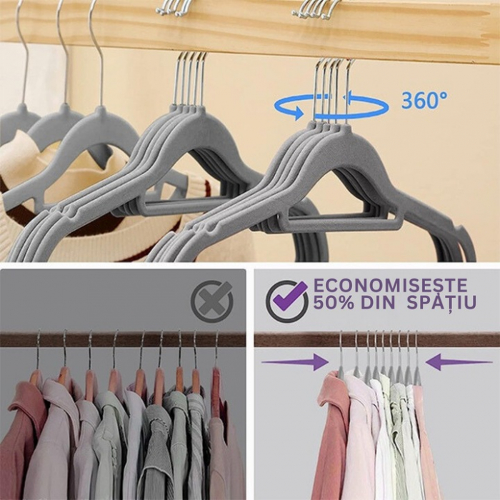 Set de 20 umerase din catifea VarioShop® cu carlig rotativ 360°, design rotunjit pentru protectia umerilor hainelor, ideal pentru camasi, paltoane, jachete si costume, dimensiuni 45x23 cm, culoare gri [23]