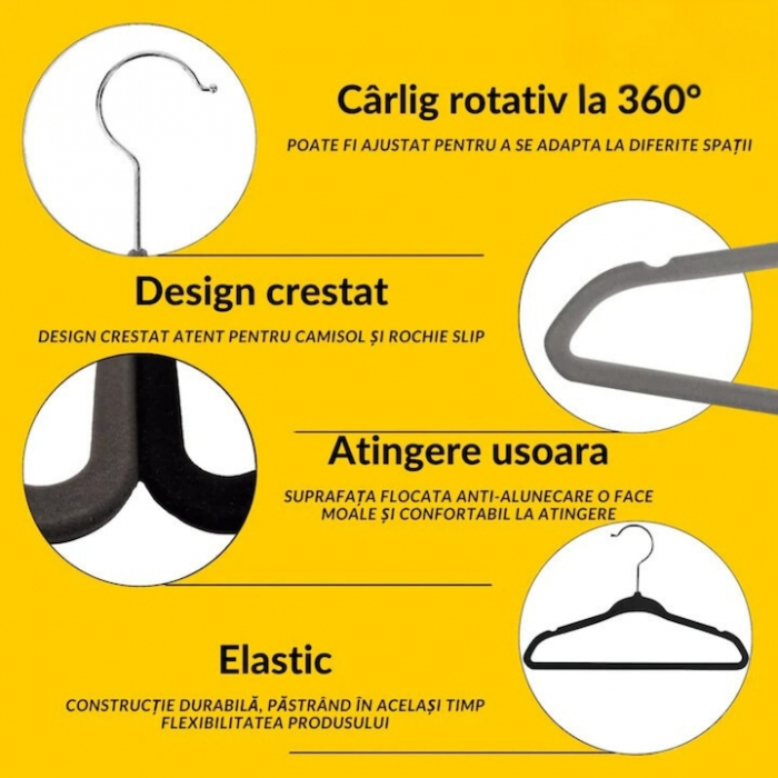 Set de 20 umerase din catifea VarioShop® cu carlig rotativ 360°, design rotunjit pentru protectia umerilor hainelor, ideal pentru camasi, paltoane, jachete si costume, dimensiuni 45x23 cm, culoare gri [12]