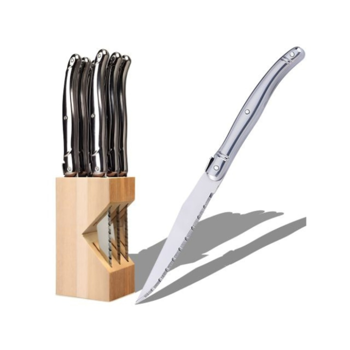 Set de 6 cutite pentru friptura VarioShop®, cu bloc din lemn, lame zimtate din otel inoxidabil, maner ergonomic, lungime 23 cm, ideal pentru carne, paine, pizza, fructe [8]