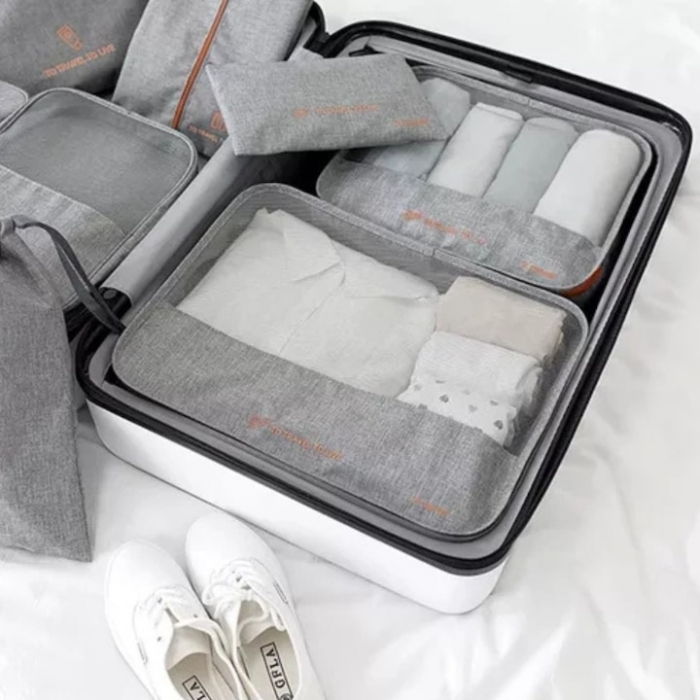 Set de 7 organizatoare de calatorie VarioShop, pentru produse cosmetice, imbracaminte, incaltaminte, accesorii electronice, material impermeabil, economisire spatiu, Gri [3]