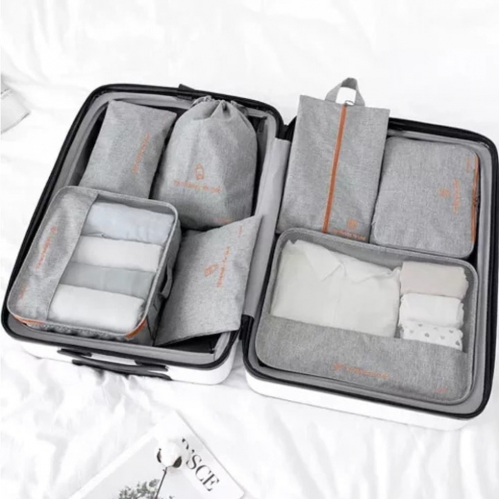 Set de 7 organizatoare de calatorie VarioShop, pentru produse cosmetice, imbracaminte, incaltaminte, accesorii electronice, material impermeabil, economisire spatiu, Gri [2]