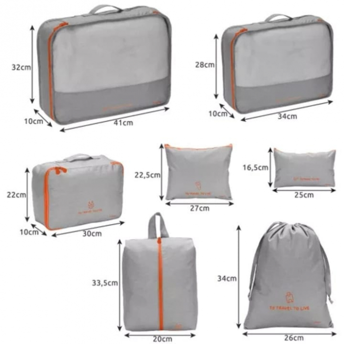 Set de 7 organizatoare de calatorie VarioShop, pentru produse cosmetice, imbracaminte, incaltaminte, accesorii electronice, material impermeabil, economisire spatiu, Gri [11]
