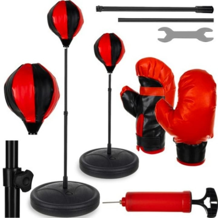 Set de box pentru copii VarioShop®, Set 2 manusi, Sac de box cu picior metalic si suport, Pompa inclusa, Inaltime reglabila 70-104 cm, Rosu/Negru [6]