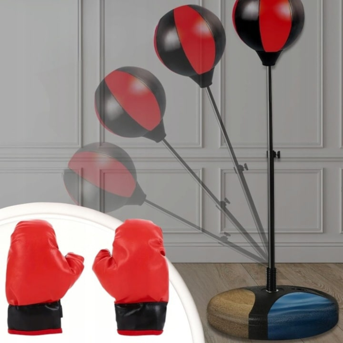Set de box pentru copii VarioShop®, Set 2 manusi, Sac de box cu picior metalic si suport, Pompa inclusa, Inaltime reglabila 70-104 cm, Rosu/Negru [5]