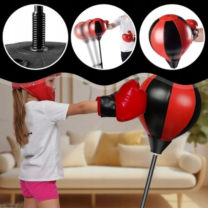 Set de box pentru copii VarioShop®, Set 2 manusi, Sac de box cu picior metalic si suport, Pompa inclusa, Inaltime reglabila 70-104 cm, Rosu/Negru [2]
