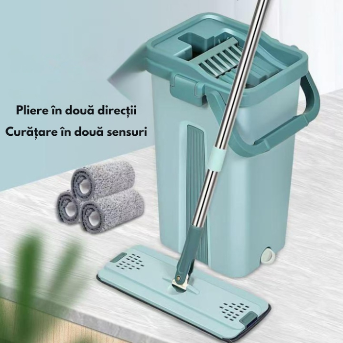 Set de curatenie cu mop si galeata VarioShop®, sistem dublu de stoarcere si clatire, lavete din microfibra reutilizabile, ideal pentru gresie, parchet, marmura si sticla [5]