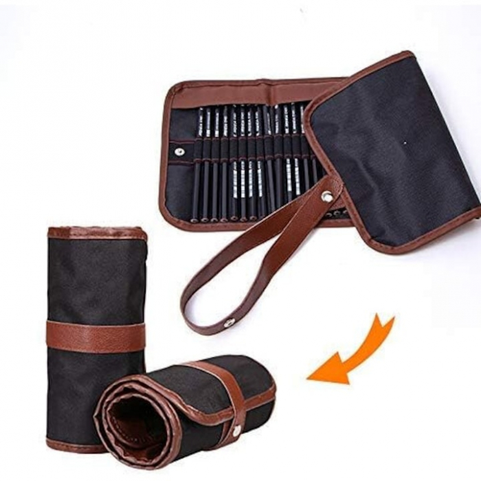 Set de instrumente pentru schite VarioShop®, din 29 piese, include creioane si carbune din lemn natural, cu husa pentru depozitare pliabila, Negru/Maro [4]