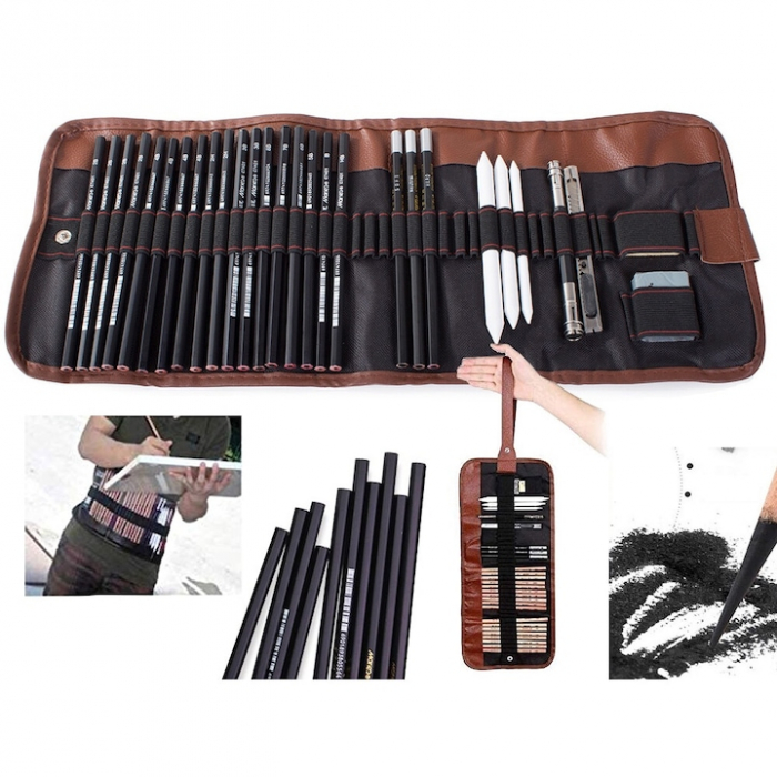 Set de instrumente pentru schite VarioShop®, din 29 piese, include creioane si carbune din lemn natural, cu husa pentru depozitare pliabila, Negru/Maro [17]