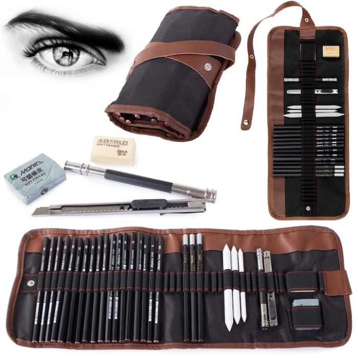 Set de instrumente pentru schite VarioShop®, din 29 piese, include creioane si carbune din lemn natural, cu husa pentru depozitare pliabila, Negru/Maro [16]